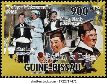 Milan, Italy  - February 02, 2021: Laurel And Hardy On Stamp Of Guinea Bissau