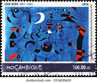 Milan, Italy  - February 04, 2021: Abstract painting by Joan Mirò on postage stamp