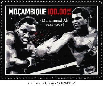 Milan, Italy  - February 04, 2021: Muhammad Ali Versus Joe Frazier On Postage Stamp