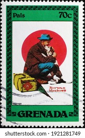 Milan, Italy  - February 04, 2021: Tramp Hugging A Dog In Illustration By Rockwell On Stamp