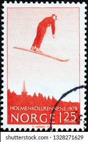 Milan, Italy – February 11, 2019: Ski Jumper On Vintage Norwegian Postage Stamp