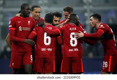 MILAN, ITALY - FEBRUARY 16, 2022: 
Mohamed Salah celebrates the second goal with his team mates
during the UEFA Champions League 2021-2022 FC INTERNAZIONALE v LIVERPOOL FC at San Siro Stadium.