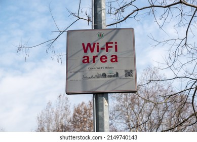 Milan, Italy - February 17, 2017: Free Wi-Fi Sign. Wifi Area Sign At A Milan Public Park, Italy. Free Wifi Concept