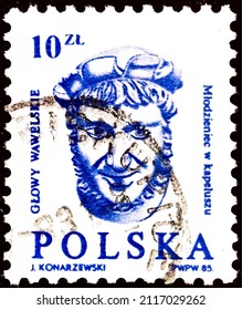 Milan, Italy, February 2, 2022: stamp printed in Poland in 1989 from the series Carved Wawel heads. The stamp shows Eastern Ruler. Topics: Art | Sculptures.