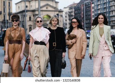 Milan, Italy - February 20, 2019: Street style outfits - models, bloggers and influencers before a fashion show during Milan Fashion Week - MFWFW19