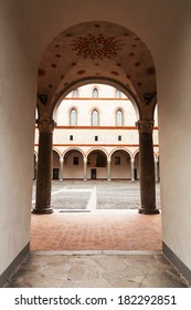 MILAN, ITALY - FEBRUARY 20: Inside The Castello Sforzesco On February 20, 2014 In Milan. The Castle Was Built As From 1450 By Francesco I. Sforza. Also Leonardo Da Vinci Worked There.