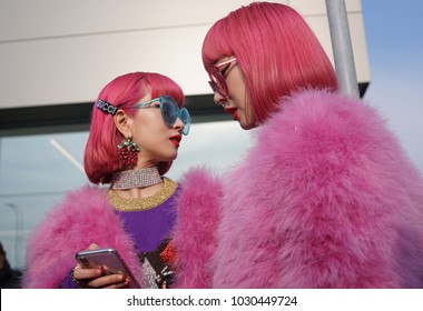 Milan, Italy - February 21, 2018: Japanese Twins Aya And Ami During Milan Fashion Week