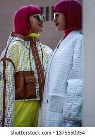 MILAN, Italy- February 21 2019: Ami Suzuki And Aya Suzuki On The Street During The Milan Fashion Week.