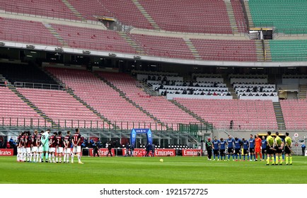 MILAN, ITALY - February 21, 2021: 
A general view inside the stadium as both team's stand for a minute's silence in memory of Mauro Bellugi  the Serie A 2020-2021 MILAN v INTER at San Siro Stadium. 
