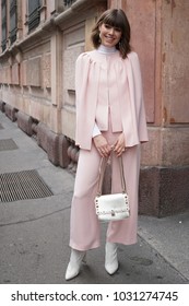 Milan, Italy - February 22, 2018: Girl With Fashionable Outfit Posing After Fendi Show During Milan Fashion Week.