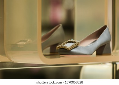 Milan, Italy - February 22, 2019:  Roger Vivier Satin Shoes In A Store In Milan, February 2019.