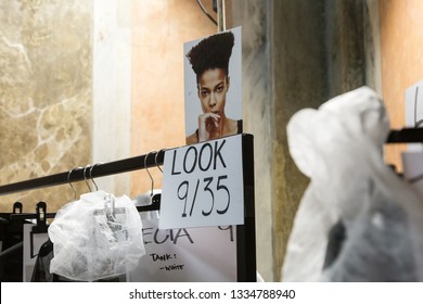 MILAN, ITALY - FEBRUARY 22: Clothes Rack In The Backstage Just Before Francesca Liberatore Show During Milan Women's Fashion Week On FEBRUARY 22, 2019 In Milan.