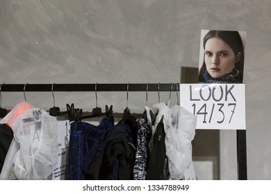 MILAN, ITALY - FEBRUARY 22: Clothes Rack In The Backstage Just Before Francesca Liberatore Show During Milan Women's Fashion Week On FEBRUARY 22, 2019 In Milan.