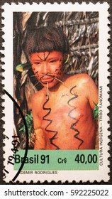 Milan, Italy - February 23, 2017: Yanomami Boy On Brazilian Postage Stamp