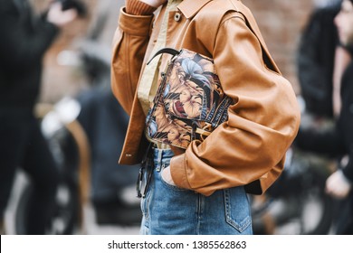 Milan, Italy - February 23, 2019: Street style – Purse detail after a fashion show during Milan Fashion Week - MFWFW19