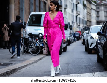 MILAN, Italy- February 23 2019: Marta Lozano on the street during the Milan Fashion Week.