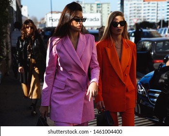 Milan, Italy - February 23, 2019: Street style outfits during Milan Fashion Week - - MFW19/20