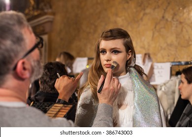 Milan, Italy - February 24, 2016 - A Model Is Seen Backstage Ahead Of The Genny Show During Milan Fashion Week Fall/Winter 2016/17