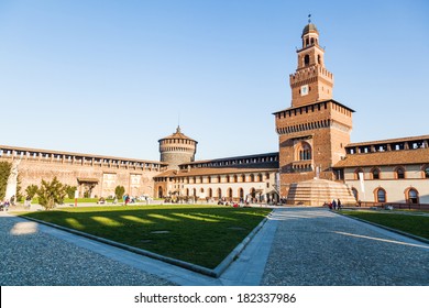 MILAN, ITALY - FEBRUARY 24: Castello Sforzesco With Unidentified People On February 24, 2014 In Milan. The Castle Was Built As From 1450 By Francesco I. Sforza. Also Leonardo Da Vinci Worked There.