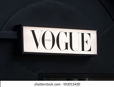 Milan, Italy - February 27, 2017: Italian Vogue Logo On A Newspaper Kiosk. Vogue One Of Most Important Fashion Magazines.