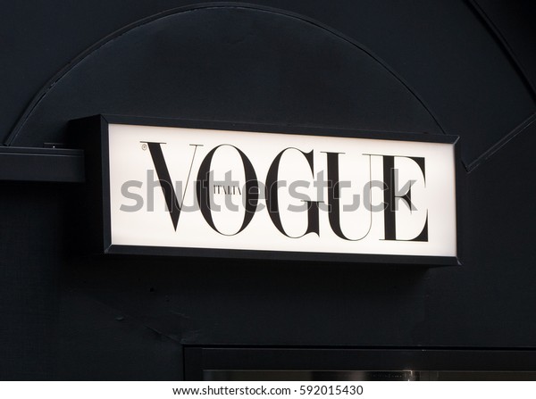 Milan,\
Italy - February 27, 2017: Italian Vogue logo on a newspaper kiosk.\
Vogue one of most important fashion\
magazines.