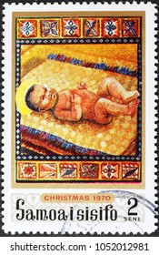 Milan, Italy - February 3, 2018: Samoan Jesus Baby On Postage Stamp