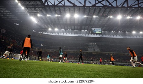 MILAN, ITALY - FEBRUARY 5, 2022: 
Players of AC Milan warms up ahead before the Serie A 2021-2022 INTER v MILAN at San Siro Stadium.  - Shutterstock ID 2120792294
