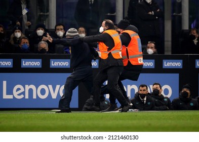 MILAN, ITALY - FEBRUARY 5, 2022: 
Pitch Invasion In Action During The Serie A 2021-2022 INTER V MILAN At San Siro Stadium. 