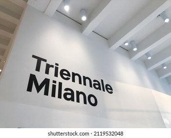 MILAN, ITALY - FEBRUARY 7, 2022: Interior of the Italian Design Museum in Milan. Black sign with the name of the museum on a white wall.