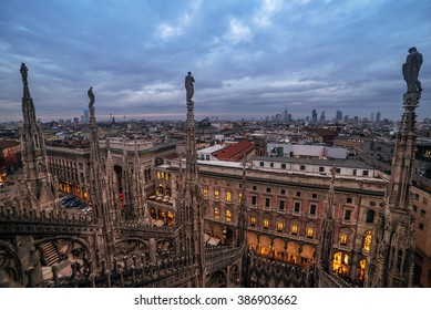 Milan, Italy: Gothic Roof Of Cathedral In Beautiful Sunset Of Italian Winter