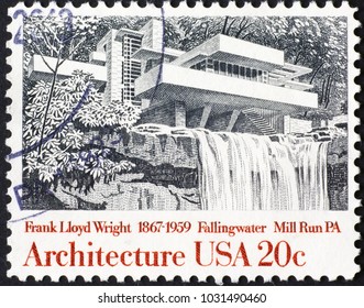 Milan, Italy - January 10, 2018: Fallingwater House By Frank Lloyd Wright On American Stamp
