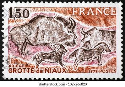 Milan, Italy - January 11, 2018: Prehistoric Depictions Of Niaux On French Postage Stamp
