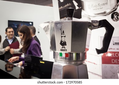 MILAN, ITALY - JANUARY 20: Bialetti mocha coffee pot on display at HOMI, home international show and point of reference for all those in the sector of interior design on JANUARY 20, 2014 in Milan.