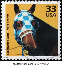 Milan, Italy - January 24, 2022: Famous Racehorse Secretariat On American Postage Stamp