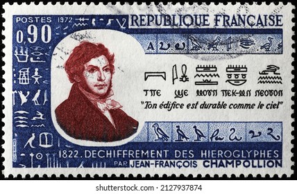 Milan, Italy - January 24, 2022: Archaeologist Jean-Francois Champollion On French Postage Stamp