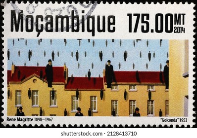 Milan, Italy - January 24, 2022: Golconda By René Magritte On Postage Stamp