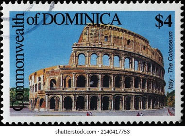 Milan, Italy - January 24, 2022: Italian Colosseo on stamp from Dominica