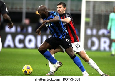 MILAN, ITALY - January 26, 2021: 
Romelu Lukaku and Alessio Romagnoli in action during the Coppa Italia 2020-2021 INTER v MILAN at San Siro Stadium. 