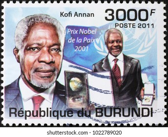 Milan, Italy - January 27, 2018: Nobel Awarded Kofi Annan On Stamp Of Burundi