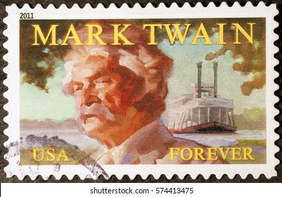 Milan, Italy - January 30, 2017: Mark Twain Portrait On American Postage Stamp