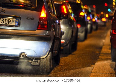 MILAN, ITALY - JANUARY 31: Car's fumes emissions in the traffic jam in Milan January 19, 2010.