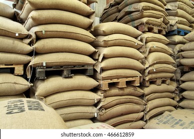 Milan - Italy, July 20 - 2016: Coffee Roasting Company, Stock Burlap Sacks Full Of Coffee In Warehouse