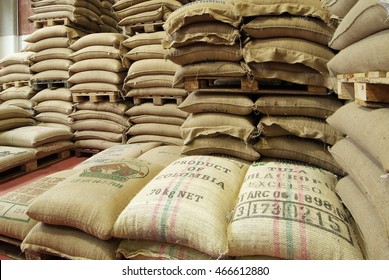 Milan - Italy, July 20 - 2016: Coffee Roasting Company, Stock Burlap Sacks Full Of Coffee In Warehouse