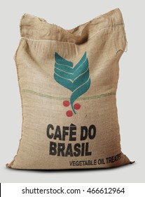 Milan - Italy, July 20 - 2016: Coffee Roasting Company, Jute Sack Filled With Label Brazilian Coffee