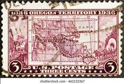 Milan, Italy - July 21, 2016: Map Of Oregon Trail On Vintage American Postage Stamp