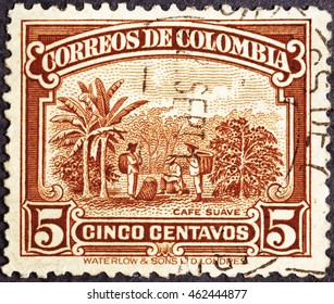 Milan, Italy - July 21, 2016: Coffee Plantation On Colombian Postage Stamp