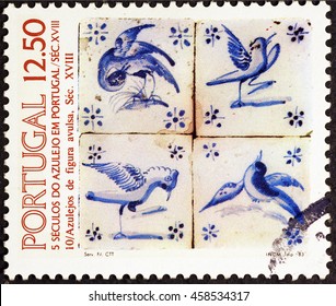 Milan, Italy - July 24, 2016: Old portuguese tiles on postage stamp