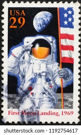 Milan, Italy – July 27, 2018: First Moon Landing Celebrated On American Stamp