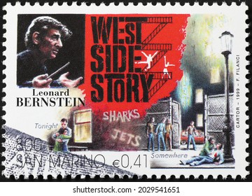 Milan, Italy - July 27, 2021: Leonard Bernstein and his opera West Side Story on stamp