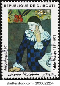 Milan, Italy - July 27, 2021: Seated Harlequin By Pablo Picasso On Postage Stamp